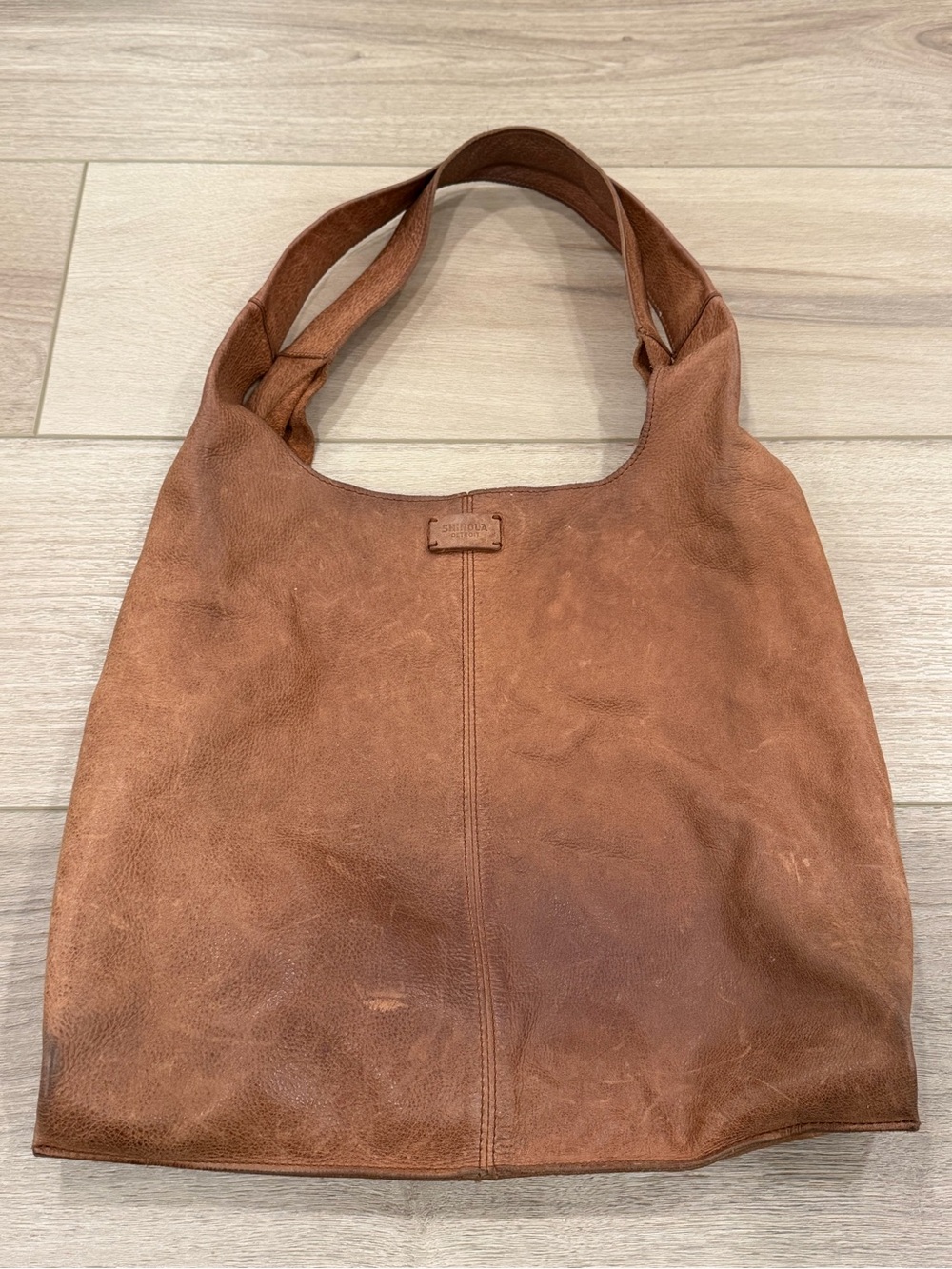 Shinola Detroit Tan Leather Relaxed Hobo Shoulder Bag Tote Handbag Bourbon